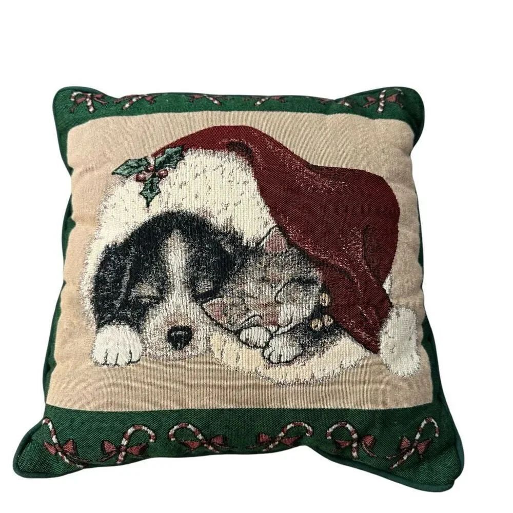 Newport vintage Tapestry Christmas Pillow - Puppy Kitten Santa Hat 16" Square